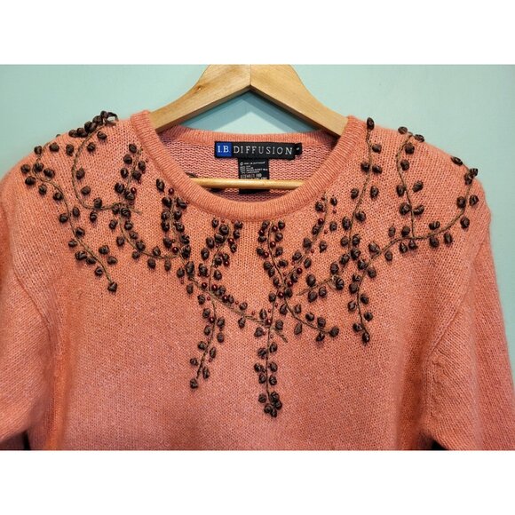 Vtg IB Diffusion Silk Angora Wool Pink Brown Embroidered Beaded Tunic Sweater S - Picture 2 of 7